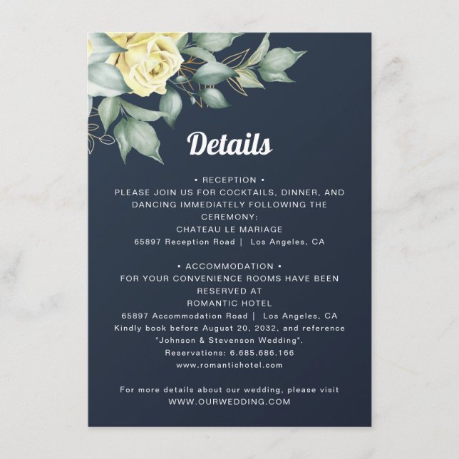 Yellow watercolor roses navy blue wedding details enclosure card (Front)