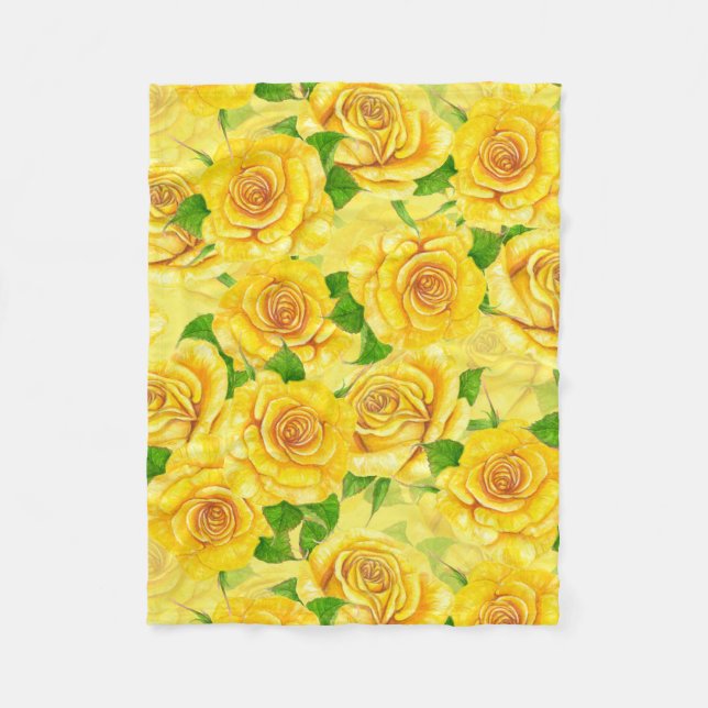 Yellow watercolor roses pattern fleece blanket (Front)