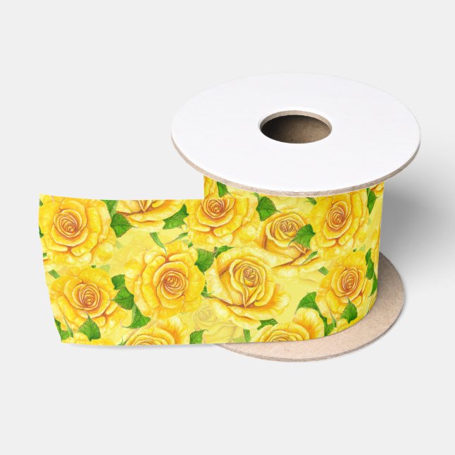 Yellow watercolor roses pattern satin ribbon (Spool)