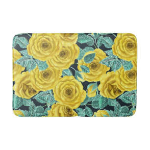 Yellow watercolor roses with leaves and buds patte bath mat