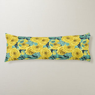 Yellow watercolor roses with leaves and buds patte body pillow