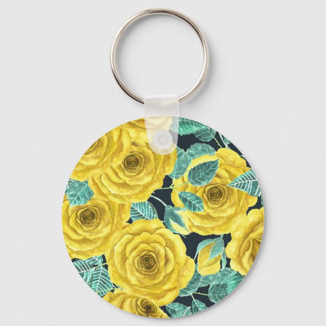 Yellow watercolor roses with leaves and buds patte keychain (Front)