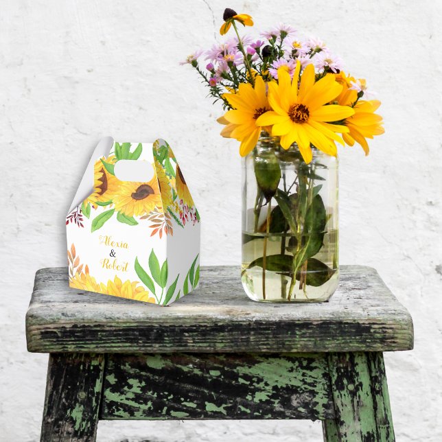 Yellow watercolor sunflowers and leaves wedding favor box (Creator Uploaded)