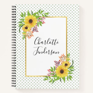 Yellow watercolor sunflowers, frame and polka dots notebook