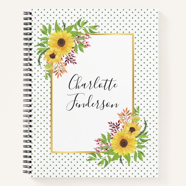 Yellow watercolor sunflowers, frame and polka dots notebook (Front)