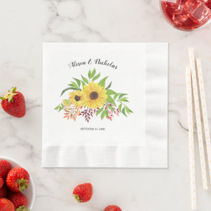 Yellow watercolor sunflowers rustic floral wedding napkin