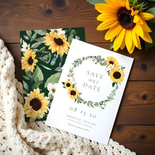 Yellow Watercolor Sunflowers & Wildflower Wreath Save The Date