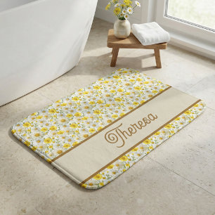 Yellow Watercolor Wildflower Monogram Name Bath Mat