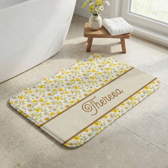 Yellow Watercolor Wildflower Monogram Name Bath Mat (Creator Uploaded)