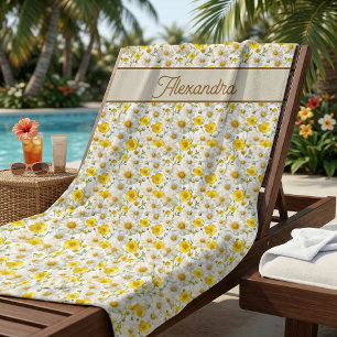 Yellow Watercolor Wildflower Pattern Name Beach Towel