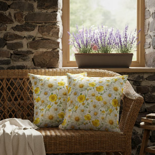 Yellow Watercolor Wildflowers Pattern  Throw Pillow