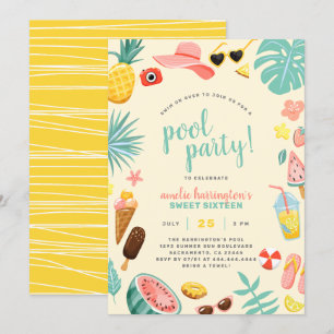 Yellow   Watermelon Pineapple Tropical Pool Party Invitation