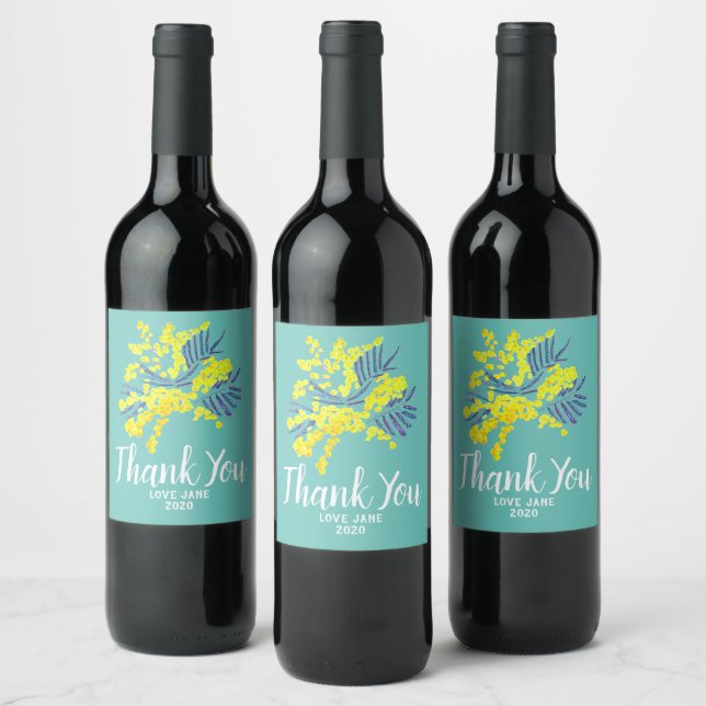 Yellow wattle flower modern thank you gift wine label (Bottles)