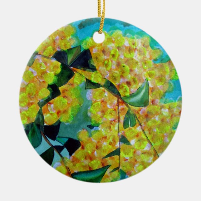Yellow Wattle native Australian flower art Ceramic Ornament (Front)