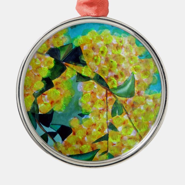 Yellow Wattle native Australian flower art Metal Ornament (Front)