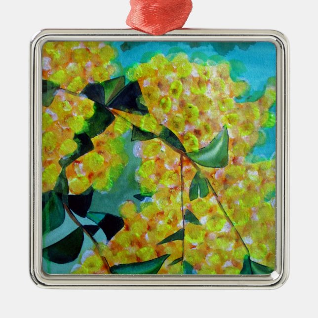 Yellow Wattle native Australian flower art Metal Ornament (Front)
