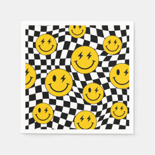Yellow Wavy Checkered Retro Preppy Smile Birthday Napkin