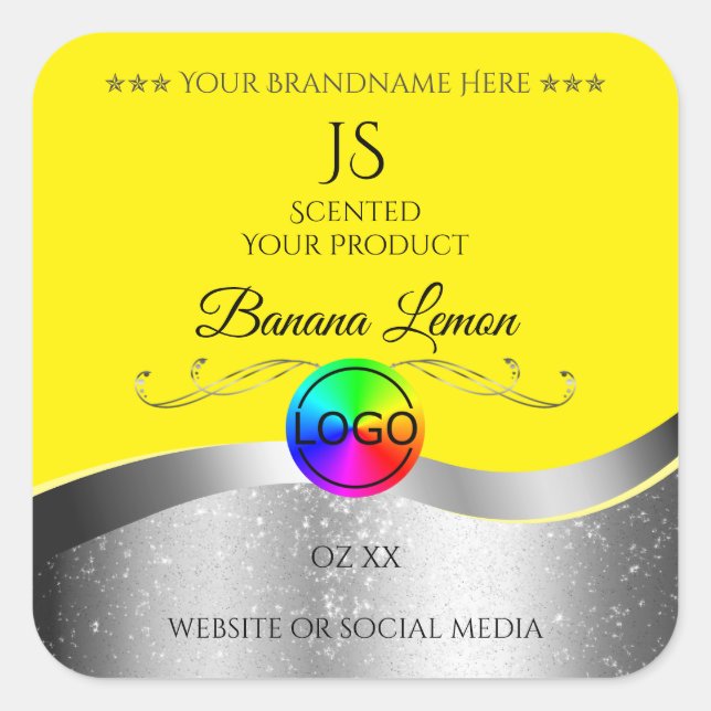 Yellow Wavy Silver Logo Monogramme Étiquette produ (Devant)