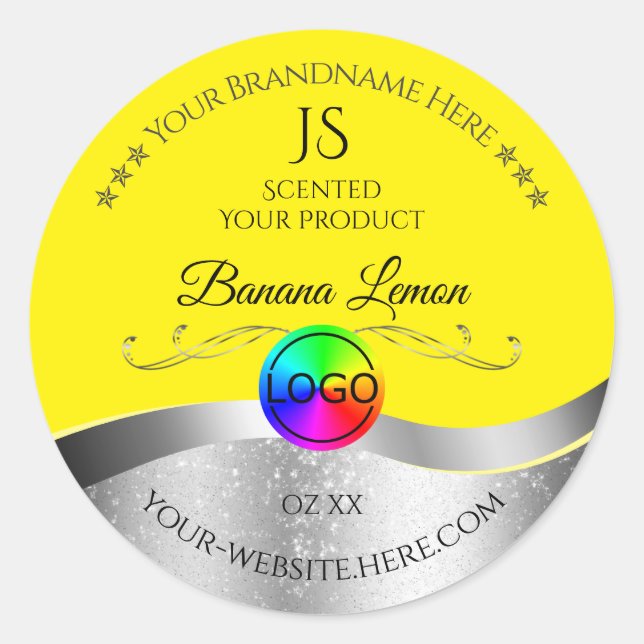 Yellow Wavy Silver Logo Monogramme Étiquette produ (Devant)