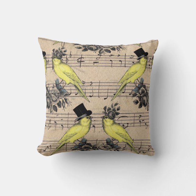 Yellow Wedding French Birds Pillow On Music Sheet (Front)