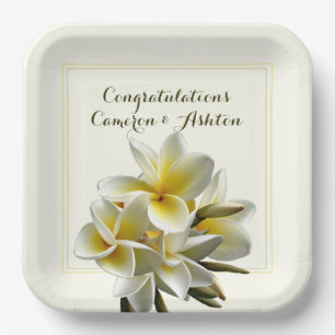Yellow Wedding Plumeria Flowers Congrats  Paper Plate