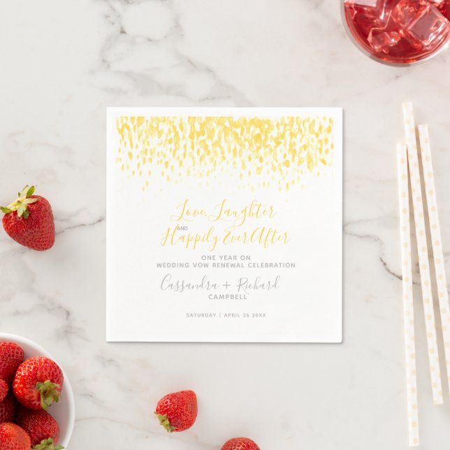 Yellow wedding vow renewal 1 year on happily after napkin (Insitu)
