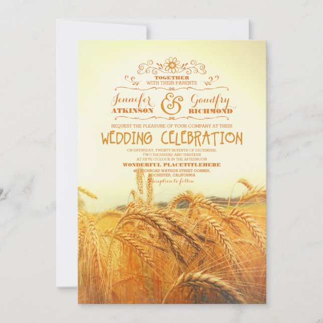 yellow wheat field rustic vintage wedding invites (Front)