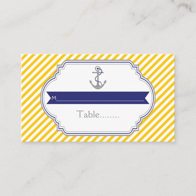 Yellow, white anchor nautical wedding place card (Front)