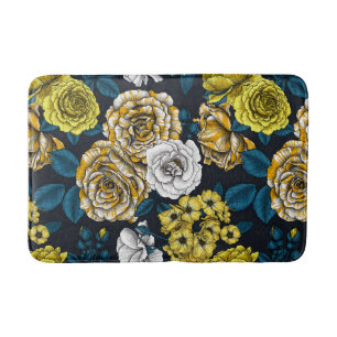 Yellow, white and bi-color roses with blue leaves bath mat