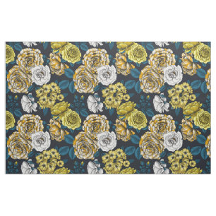 Yellow, white and bi-colour roses with blue leaves fabric
