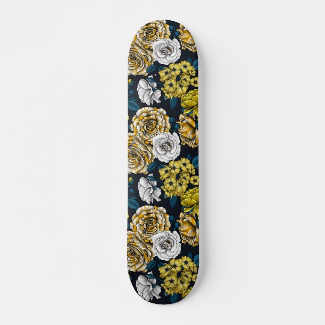 Yellow, white and bi-colour roses with blue leaves skateboard (Front)