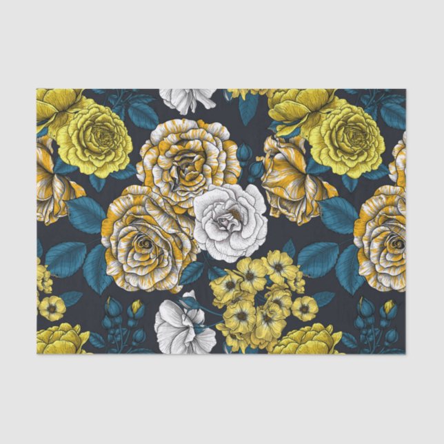 Yellow, white and bi-colour roses with blue leaves tissue paper (Front)