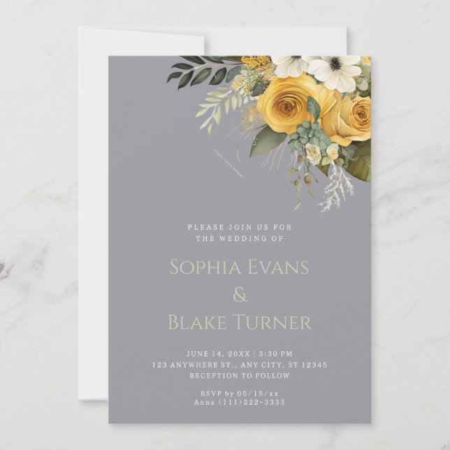 Yellow White and Green Floral Grey Wedding Invitation (Front)