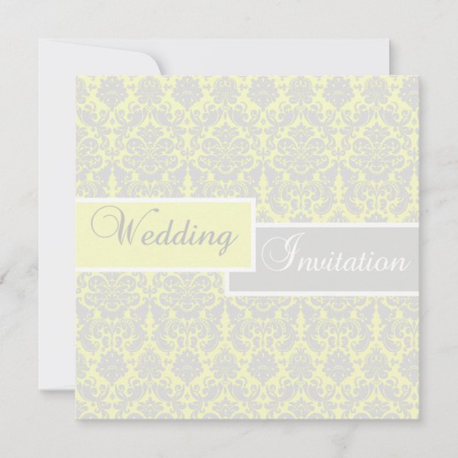 Yellow, White, and Grey Damask Wedding Invitation (Front)