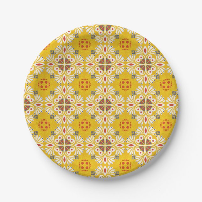 yellow, white, and orange floral and geometric paper plate (Front)
