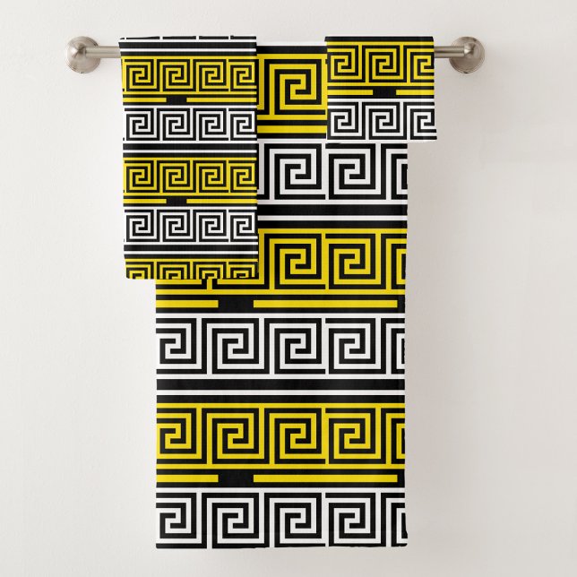 Yellow White Black Greek Key Fret Pattern Design  Bath Towel Set (Creator Uploaded)