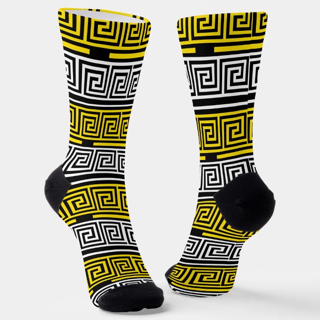 Yellow White Black Greek Key Fret Pattern Design  Socks (Creator Uploaded)