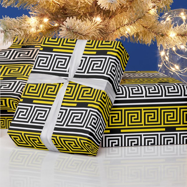 Yellow White Black Greek Key Fret Pattern Design  Wrapping Paper (Creator Uploaded)