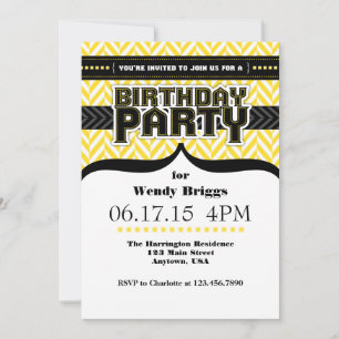 Yellow White Black Herringbone Birthday Invite