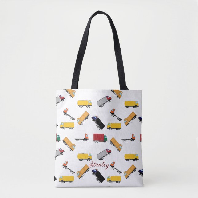 Yellow White Boys' Name Personalized Truck Tote Bag (Front)