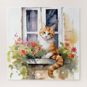 Yellow White Cat Window Flower Box Painting Jigsaw Puzzle