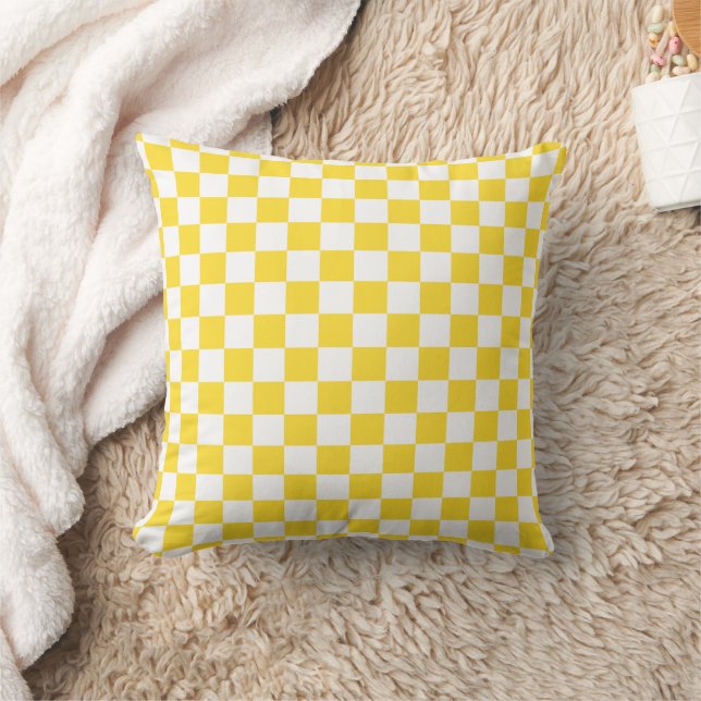 Yellow White Check Chequered Chequerboard Pattern Throw Pillow (Blanket)