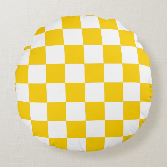Yellow White Chequered Check Pattern Round Pillow (Front)