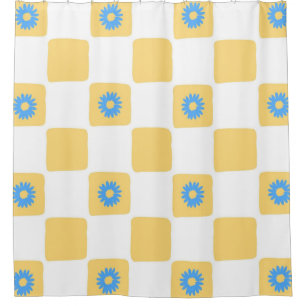 Yellow White Chequered With Blue Flower Pattern
