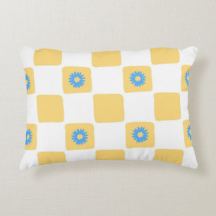 Yellow White Chequered With Blue Flower Pattern Accent Pillow