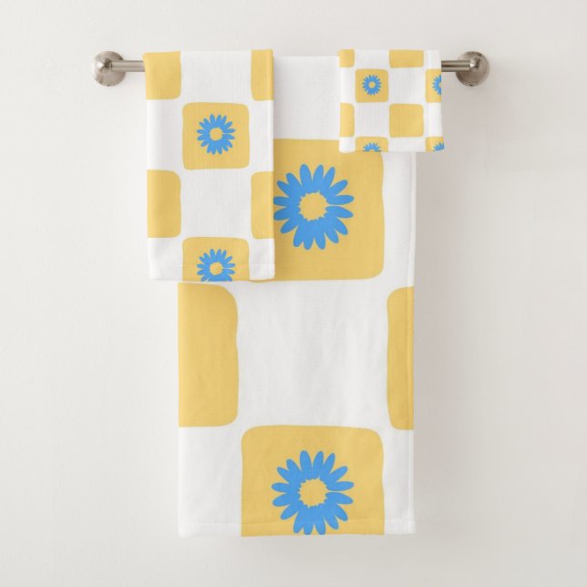 Yellow White Chequered With Blue Flower Pattern Bath Towel Set (Insitu)