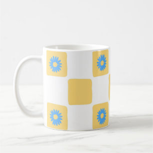 Yellow White Chequered With Blue Flower Pattern Coffee Mug