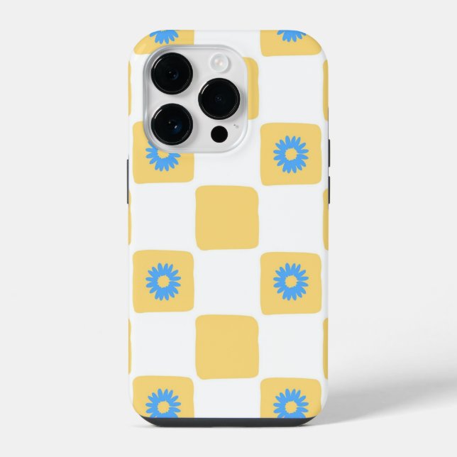 Yellow White Chequered With Blue Flower Pattern iPhone Case (Back)