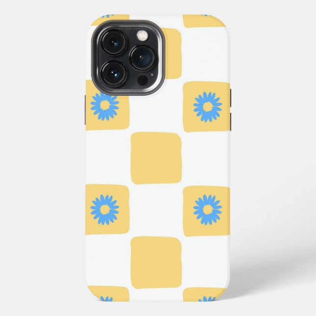 Yellow White Chequered With Blue Flower Pattern iPhone Case (Back)