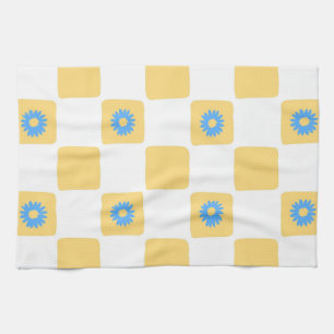 Yellow White Chequered With Blue Flower Pattern Kitchen Towel